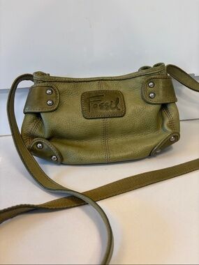 Y2K Fossil Olive Green Pebble Leather Crossbody with Stud Details